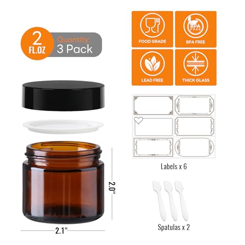 2oz Airtight Glass Jars with Lids, 3 Pack Amber Empty Small Cosmetic jars | Small Cosmetic Containers with Inner Liners, Leak-Proof Travel Jars for Lotions, Scrubs, and Candle Making, Labels & Spatulas - color: Amber-2oz-3pcs