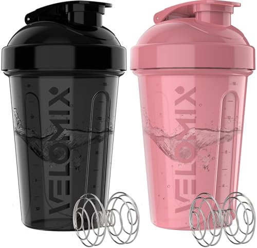 VELOMIX -2 Pack- 20 oz Protein Shaker Bottles for Protein Mixes - 2x Wire Whisk | Leak Proof Shaker Cups for Protein Shakes and Pre Workout | Protein Shaker Bottle Pack (A7) Pink/Black - color: A7) Pink / Black