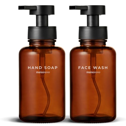 MaisoNovo Glass Foaming Soap Dispenser 14 Oz | Glass Bottles Pumps x 2 Amber - color: Amber Bottles/Black Plastic Pumps/No Tray