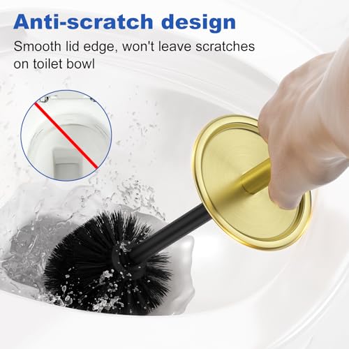 Toilet Brush and Holder Set：304 Stainless Steel Heavy Duty Toilet Bowl Brush，Removable Inner Bowl and Splash Protection，Bathroom Toilet Brush-Dense Bristles for Through Cleaning - color: Bright Gold