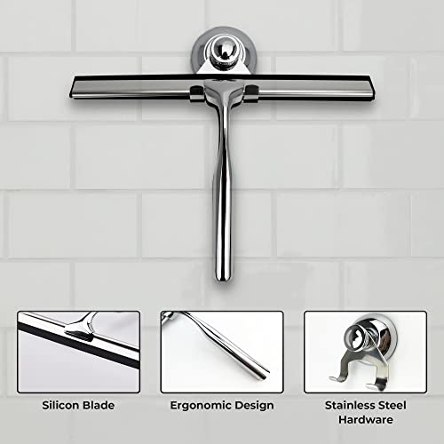 Squeegee for Shower Glass Door with Holder, 10" Silicone Blade, Stainless Steel Chrome Handle, for Kitchen Window, Bathroom Mirror & Car Glass Cleaning by Fab Glass and Mirror - color: Chrome