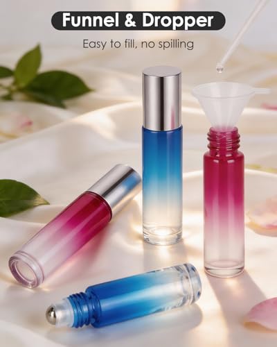 Worldgsb 4 Pack Essential Oil Roller Bottles, 10ml Refillable Glass Roller Bottles with Stainless Steel Roller Balls and Caps for Travel, Perfume and Lip Gloss Blue-Red Gradient - color: Blue-Red Gradient, style: 4 Pack