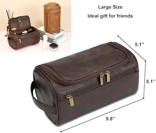 Toiletry Bag for Men, Travel Shaving Dopp Kit Water-resistant Bathroom Toiletries Organizer PU Leather Cosmetic Bags - color: coffee