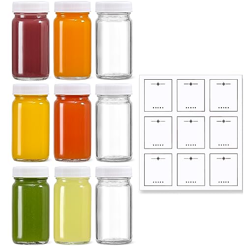 9 Pack 2 oz Glass Shot Bottles w/ White Lids & 9 Labels - Small Clear Jar for Ginger, Wellness Shot, Juice, Sample, Whiskey - Travel Essentials Mini Bottles - Wide Mouth, Leakproof, Dishwasher Safe - color: White Lids, size: 2oz-9 pack