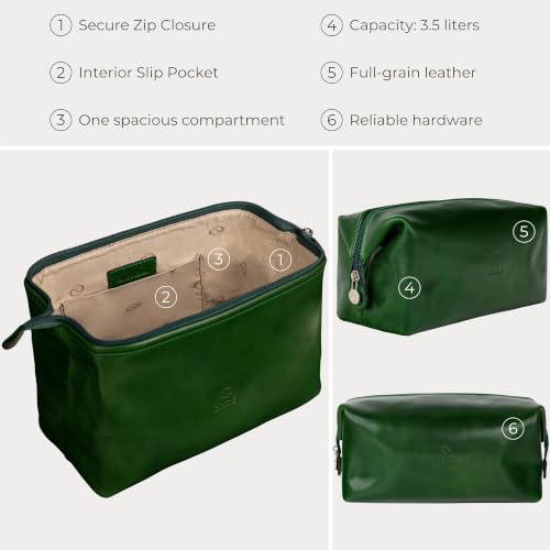 Time Resistance Leather Toiletry Bag - Italian Cosmetic Case Dopp Kit (Green) - color: Green
