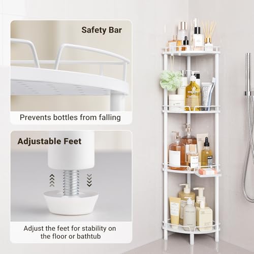 ELYKEN Corner Shower Caddy Standing, 4 Tier Rustproof Metal Shower Organizer with Soap Holder, Floor Shower Corner Shelf Rack Storage Stands with Adjustable Feet & 2 Hooks for Bathroom, White - color: White, size: 4 Tier