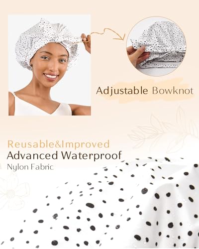 Yanibest Shower Cap for Women Reusable Waterproof, Adjustable Non-Slip Shower Hair Cap, Washable Bath Hat - color: White Dot