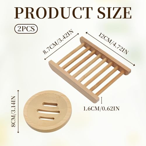 Bar Soap Holder for Shower 2Pcs, Round and Square Bamboo Soap Dish Saver Tray, Self Draining Countertop Soap Tray, Water Resistant Natural Wood Soap Saver Container for Bathroom Kitchen