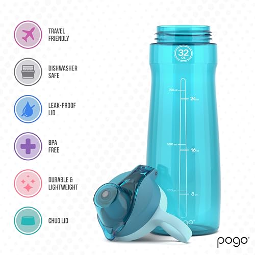 Pogo BPA-Free Plastic Water Bottle with Chug Lid, Blue Atoll, 32 oz. - color: Blue Atoll, size: 32 Ounces