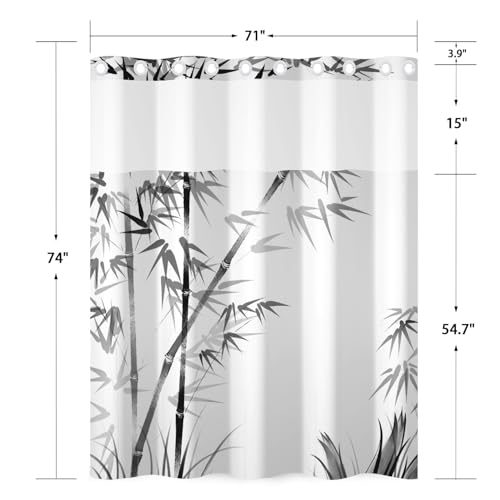 No Hook Shower Curtain and Snap in Liner Set, Black and White Ink Wash Bamboo Print Shower Curtains for Zen Minimalist Japandi Spa Bathroom, Waterproof Bath Curtain with Mesh Top, 71x74 Inch - color: Bamboo