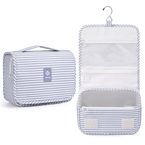 Narwey Small Hanging Toiletry Bag for Travel Women Girl, Striped Toiletries Travel Bag with Hook, Hanging Makeup Bag Organizer Make Up Cosmetic Bags, Gifts for Kids Teen (Greyish Blue Stripe) - color: Y-Greyish Blue Stripe