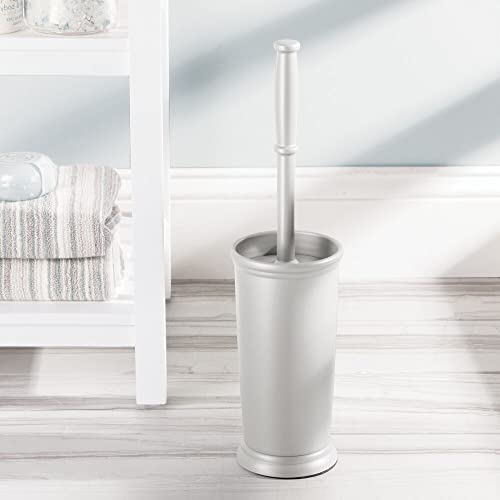 mDesign Toilet Bowl Brush and Holder - Covered Bathroom Toilet Brush - Standing Toilet Bowl Scrubber in Modern Holder - Space Saving, Deep Cleaning Brush for Toilet - Hyde Collection - Light Gray - color: Light Gray