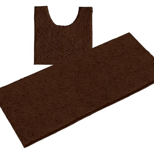 LuxUrux 2-Piece Bathroom Rug Set – Plush Chenille Runner & U-Shaped Toilet Mat, Soft, Absorbent & Non-Slip Design (20x20 U & 27x47 inches, Brown) - color: Brown, size: 2 Piece Set - X Large