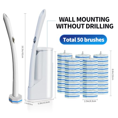 Disposable Toilet Brush Cleaning System with 50pcs Refills Pads Replacement Heads, Toilet Cleaning Stick, Wall Mounted Toliet Wand Kit Bathroom Maintenance, Toilet Bowl Cleaner Wands Holder and Set - style: Toilet brush + 50 refills