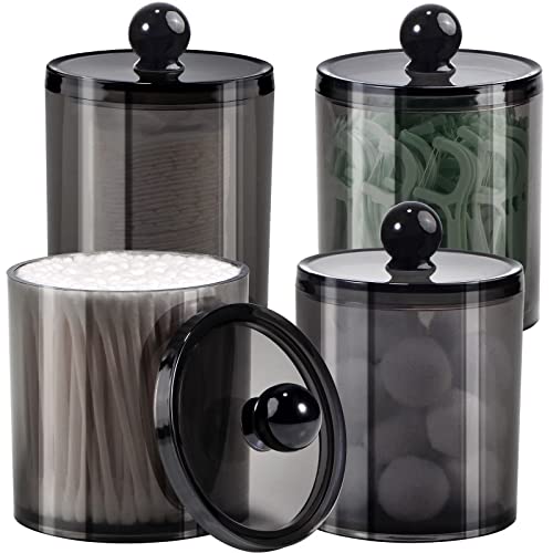 SheeChung 4 Pack Qtip Holder, Cotton Round holder with Lids - (2) 12oz & (2) 10oz Qtip Jar - Shatterproof Bathroom Vanity Organizer for Cotton Swabs, Balls, Pads, Floss Picks (Black ) - size: 4pack