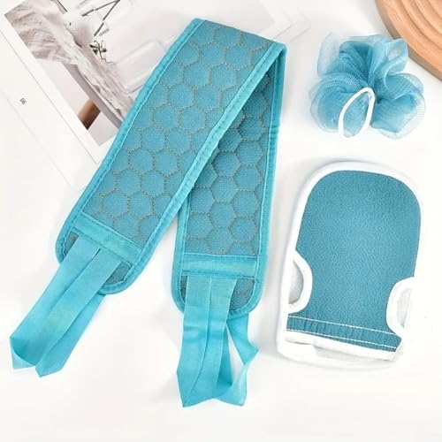 3PCS Bath Exfoliating Set – Loofah Sponge, Bath Glove & Exfoliating Washcloth for Shower & Spa - Blue - color: Blue