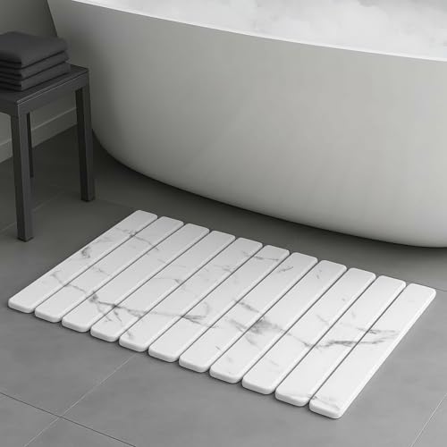 Premium Foldable Stone Bath Mat - Ultra Absorbent Quick Drying Compact Easy to Store & Clean Non-Slip Diatomaceous Earth Bath Shower Mat (Marble White) - color: Marble White