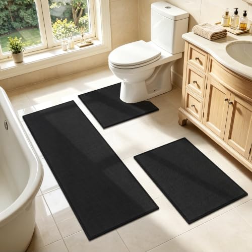 SHACOS 3 Piece Bath Mats Toilet Rug U-Shaped, No Slip Rubber Bath Rugs for Bathroom Toilet, Ultra Thin Bathroom Rugs Washable Quick Dry Absorbent Bathroom Mat (17"x24"+20"x32"+ U-20"x24") - color: Black, size: 17"x24"+20"x32"+U20"x24"