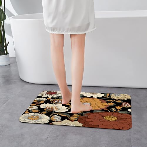 MitoVilla Boho Floral Bathroom Rug, Bohemia Botanical Non Slip, Absorbent Shower Floor Mat, Washable Carpet Floor Mat for Tub, 17" x 24" - color: Boho - Flower03, size: 17" x 24"