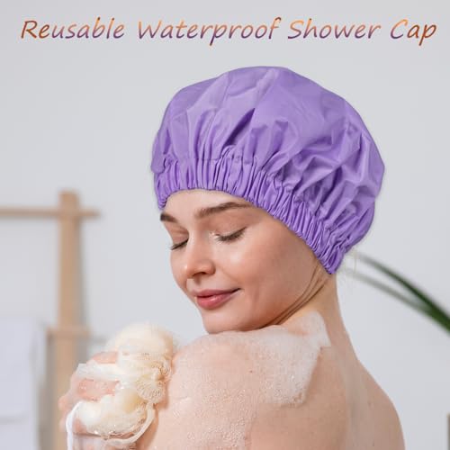 Reusable Shower Cap for Women – Large Waterproof Satin Shower Bonnet for Long, Curly & Braided Hair, Washable Bath Hair Cover, Purple - color: Purple