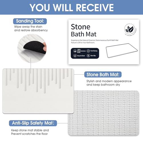 Veeloim Stone Bath Mat Diatomaceous Earth Bath Mat Non-Slip Quick Drying Diatomite Stone Shower Mat Natural Easy to Clean23.6 * 15.4" - color: Light White