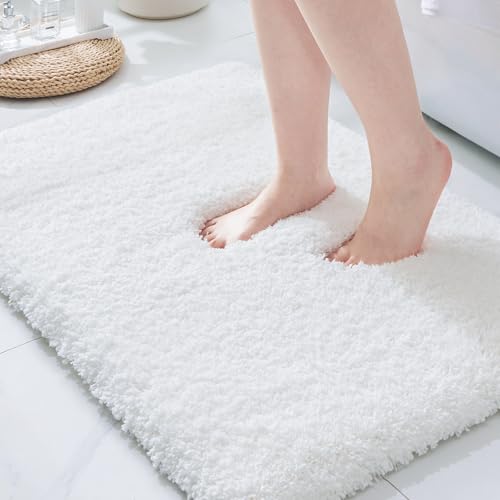 ILANGO White Bathroom Rugs 32" × 20" Non Slip & Super Absorbent Extra Thick Soft, Washable Bath Mat for Floor, Microfiber Plush Shaggy Bath Rug with Rubber for Bathtub Shower Room Sink - color: White, size: 1'8" x 2'8" (20''x32'' Bathroom Rug)
