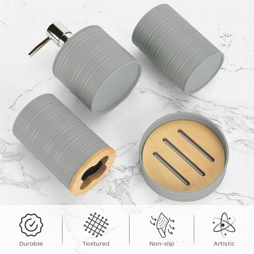 4 PCS Grey Bathroom Accessories Set, Includes a Soap Dispenser, Toothbrush Holder, Soap Dish and Mouthwash Cup, Plastics & Bamboo Bathroom Set, Bohemian Style Bathroom Sink Set - color: Grey, size: 4 PCS