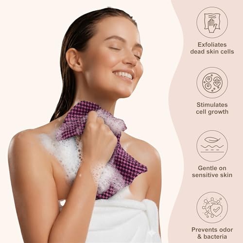 Yiclick Dual-Textured Exfoliating Washcloth Towel - Back Scrubber for Use in Shower Bath, Exfoliating Body Scrubber Exfoliator, Japanese Exfoliate Loofah Lufa Sponge Wash Cloth for Women Men - color: Magenta