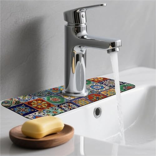 Kitchen Sink Splash Guard，Colorful Mexican tile Faucet Mat Sink Gadgets-Super Absorbent Fast Drying Mat Drip Catcher for Kitchen, Bathroom,Sink Mat, Dish Drying Mat, Bathroom(15" X 5.5" ) - color: Colorful Mexican tile