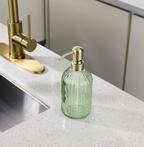 16Oz Green Glass Soap Dispenser with Rust Proof Stainless Steel Pump, Green Stripe Bathroom Hand Dish Lotion Dispensers with Brushed Gold Pump,Brushed Gold Glass Soap Dispenser,2 Packs - color: Brushed Gold + Green, size: 2-Pack