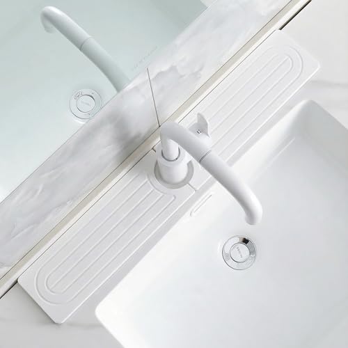 Diatomite Faucet Mat for Kitchen Sink, Quick-Dry Stone-Like Sink Mat, Flat Lay Absorbent Countertop Drying Mat for Faucet Area, Hard Diatomite Mat, White, 23.6 x 4 in - color: White2