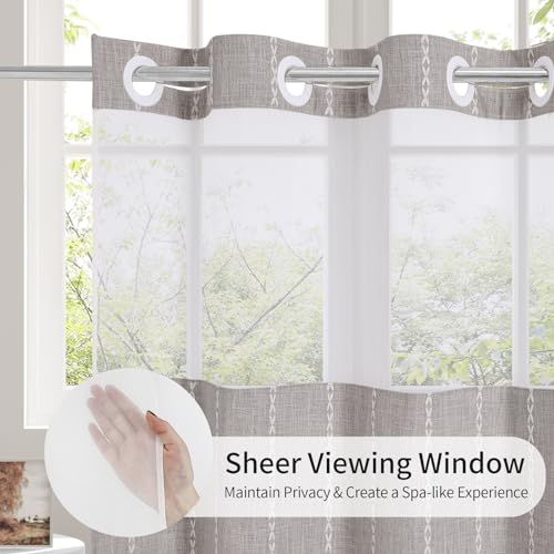 MitoVilla No Hooks Needed Farmhouse Shower Curtain with Snap-in Liner - with Window & Magnets, Boho Cotton Linen Fabric Shower Curtains with Tassels for Rustic Bathroom Decor, Grey Taupe, 72 x 74 - color: Grey - Win