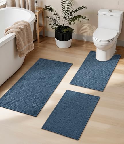 YIHOUSE Bathroom Rugs Sets 3 Piece Blue, 16x24+16x24U+16x32in | Non Slip, Quick Dry, Absorbent Washable, Thin Fit Under Door, For Elder, Sink, Laundry - color: Blue, size: 16x24+16x24U+16x32