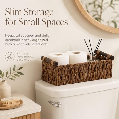 Water Hyacinth Toilet Tank Basket – Wicker Toilet Paper Storage Basket for Back of Toilet, Bathroom Counter Organizer with Wooden Handles, Brown - color: Brown