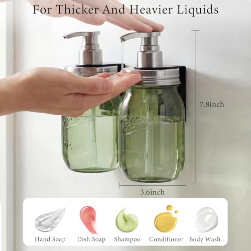 Amolliar Plastic Mason Jar Soap Dispenser with Pump Lid,16OZ Refillable BPA-Free Hand Soap Dispenser Set with Cute Lables, Farmhouse Decor for Kitchen/Bathroom, Liquid Dish Soap, Lotion(2 Pack, Green) - color: Green Jar With Silver Pump