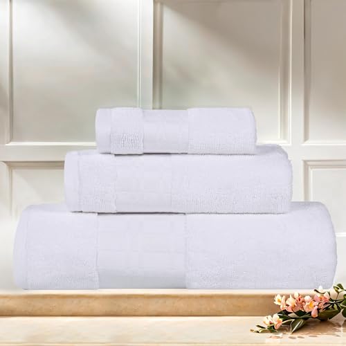 Superior 3-Piece Cotton Towel Set, Geometric Design, Dobby Border, Plush Quick Dry Towels, Decorative Bathroom, Spa, Includes 1 Bath, 1 Hand, 1 Face Towel/Washcloth, Larissa Collection, White-White - color: White-white, size: 3 Piece Towel Set