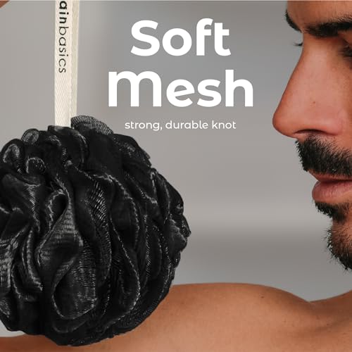 MainBasics Shower Loofah Sponge Pouf, Set of 3, Triple Black | Soft Mesh Body Scrubber and Bath Sponge for Gentle Exfoliation, Rich Lather, and Everyday Shower Use - style: Triple Black