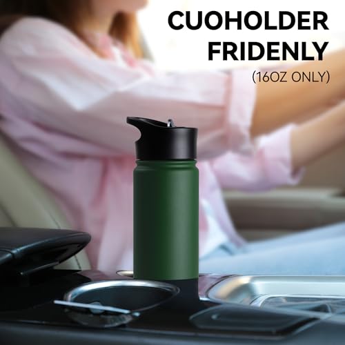 16 oz Insulated Water Bottle for School, Straw & Spout Lid, Keep Cold 24H, Spill Proof, BPA-Free, Double Wall Stainless Steel Kids Water Bottles for Sports, Gym, Travel, Dark Green - color: Dark Green, size: 16 Ounces