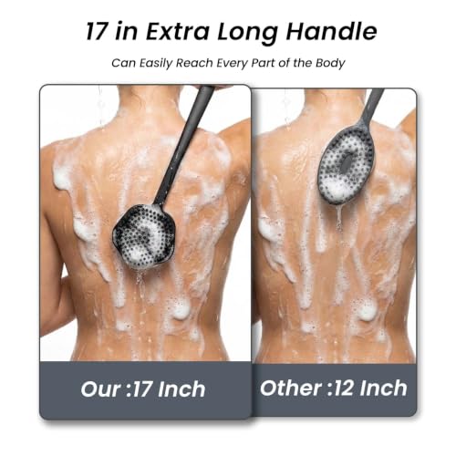 Redfly Silicone Back Scrubber for Shower Brush, 17 inch Long Handled Silicone Body Scrubber, Double Sided Shower Scrubber for Body Brush - color: Ink-black