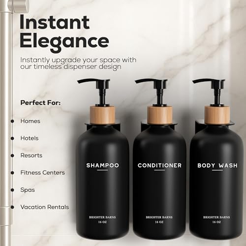 Black Shampoo and Conditioner Dispenser Set Wall Mounted by Brighter Barns - Shampoo Dispenser for Shower Wall 3 Chamber No Drill - Shower Bottles Refillable with Labels for Bathroom, Airbnb (Black) - color: Boho (Black)