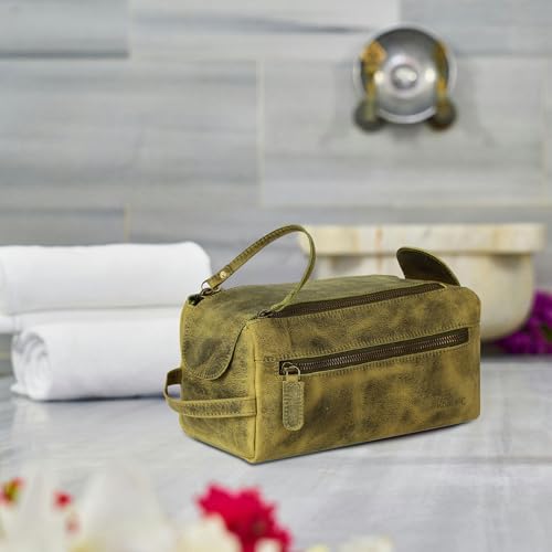 KomalC Premium Buffalo Leather Toiletry Bag for Men & Women With Water resistant Lining, Grooming Travel Pouch, Unisex Wash Bag for Toiletries, Gifts for Men and Women - color: Distressed Green Tan