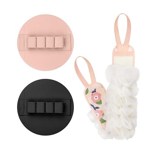 3-Pack Bath Scrubber Kit: 2 Silicone Exfoliating Pats & Double-Sided Long Handle Back Scrubber Bath Puff for Deep Cleansing. (Pink & Black & Pink) - color: Pink & Black & Pink