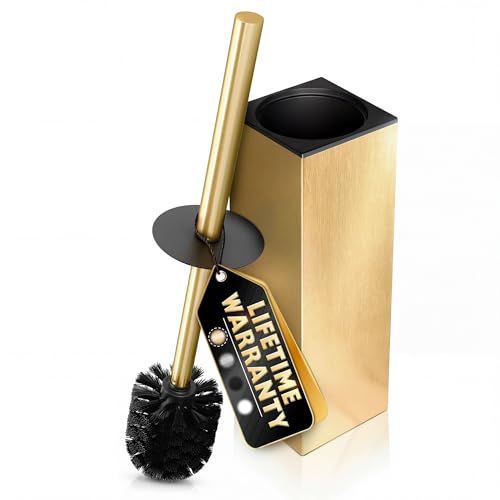 Stainless Steel Toilet Brush and Holder Set Gold & Square Design - Corrosion and Scratch-Resistant Gold Toilet Brush and Holder Set with Splash Protection - for Deep & Effective Bathroom Cleaning - color: Gold Square