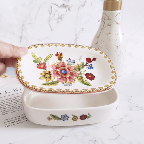 Self Draining Soap Dish, Double-Layer Bar Soap Tray, White Ceramic Soap Dish with Elegant Patterns (Style E) - color: Style E