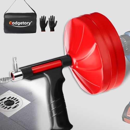 Drain Snake Auger, 50 Feet Flexible Plumbing Snake with 1/4" Drill Adapter, Manual or Drill Powered Drain Cleaner for Kitchen Sink, Bathroom & Shower Drains, Includes Gloves Storage Bag, Red - color: Red-50FT