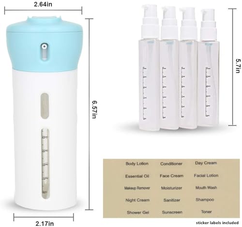 Travigo 4-in-1 Travel Dispenser Bottle, TSA Approved, Leak Proof, Four Reusable 1.4 oz. (40 mL) Toiletry Containers for Shampoo, Conditioner, Soap, Lotion, Skincare (Blue) - color: 1 Dispenser (Blue)