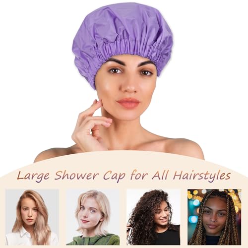 Reusable Shower Cap for Women – Large Waterproof Satin Shower Bonnet for Long, Curly & Braided Hair, Washable Bath Hair Cover, Purple - color: Purple