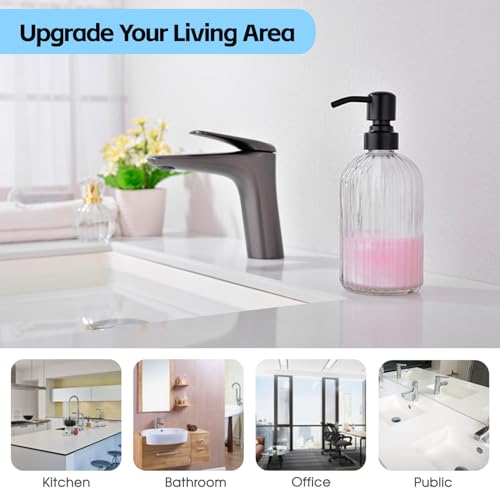 16Oz Bathroom Glass Soap Dispenser with Black Rust Proof Pump,Premium Kitchen Soap Dispenser with Vertical Stripe, Lotion Dish Dispenser for Modern Home Decor, Countertop, Hotel - color: Matte Black +Clear, size: 1-Pack