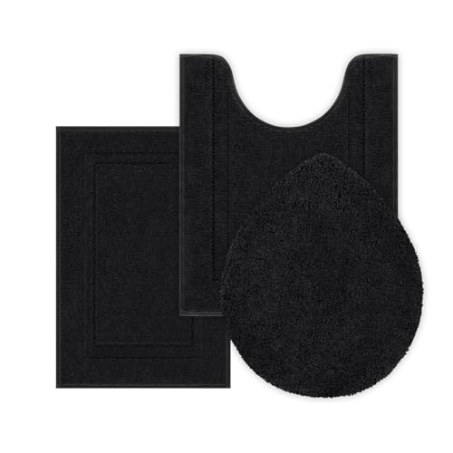 SHACOS Bathroom Rugs Sets 3 Piece with Toilet Lid Cover | 16"x24"Bath Mat and 20"x24" U-Shape Contoured Toilet Mat Machine Washable Shaggy Absorbent Bath Rugs (Black) - color: Black, size: 16"x24"+U-Shape 20"x24"+Lid Cover 19"x21"