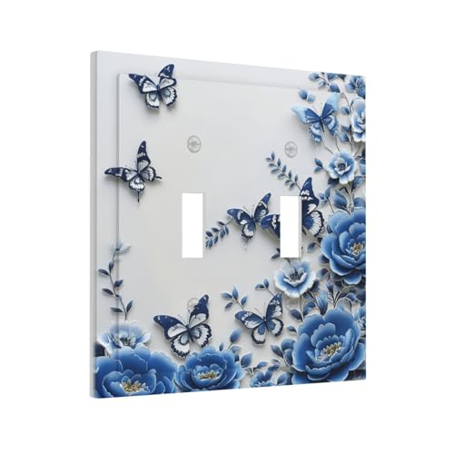Light Switch Cover Plate Blue Peony Flowers Butterfly Vintage Floral 2 Gang Double Toggle Decorative Switch Plates Wall Plates Electrical Faceplate for Bathroom Bedroom Decor - color: Blue Peony Flowers Butterfly Vintage Floral, size: 2 Gang Double Toggle